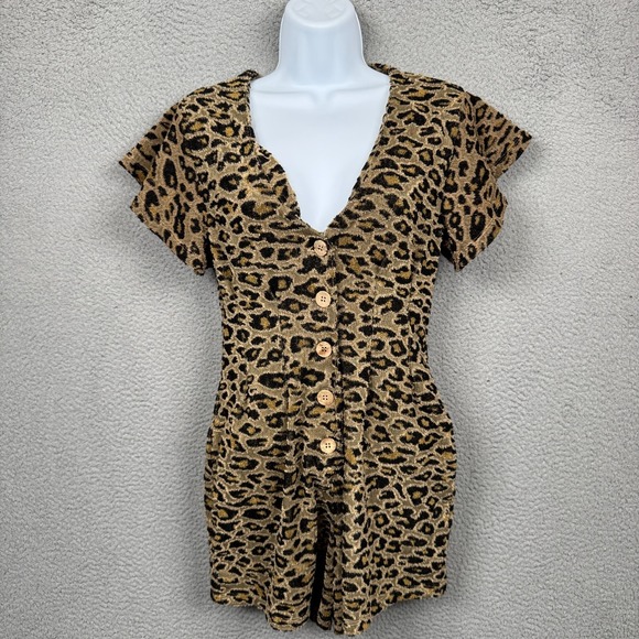 Free People Pants - Free People Romper Women XS Brown Leopard Cheetah Print Jumpsuit Terrycloth Boho